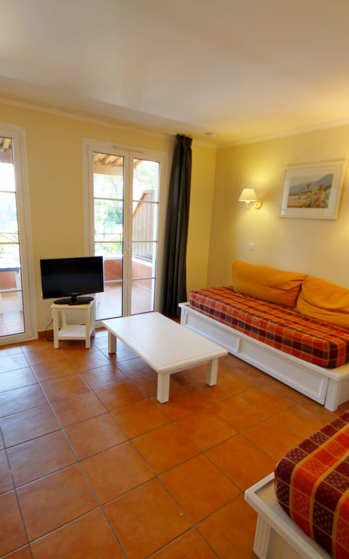 Vue salon avec deux couchages