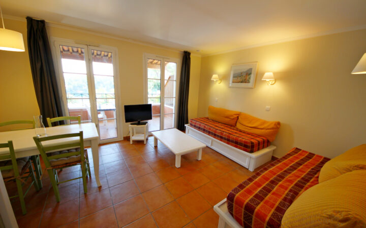 Vue salon avec deux couchages